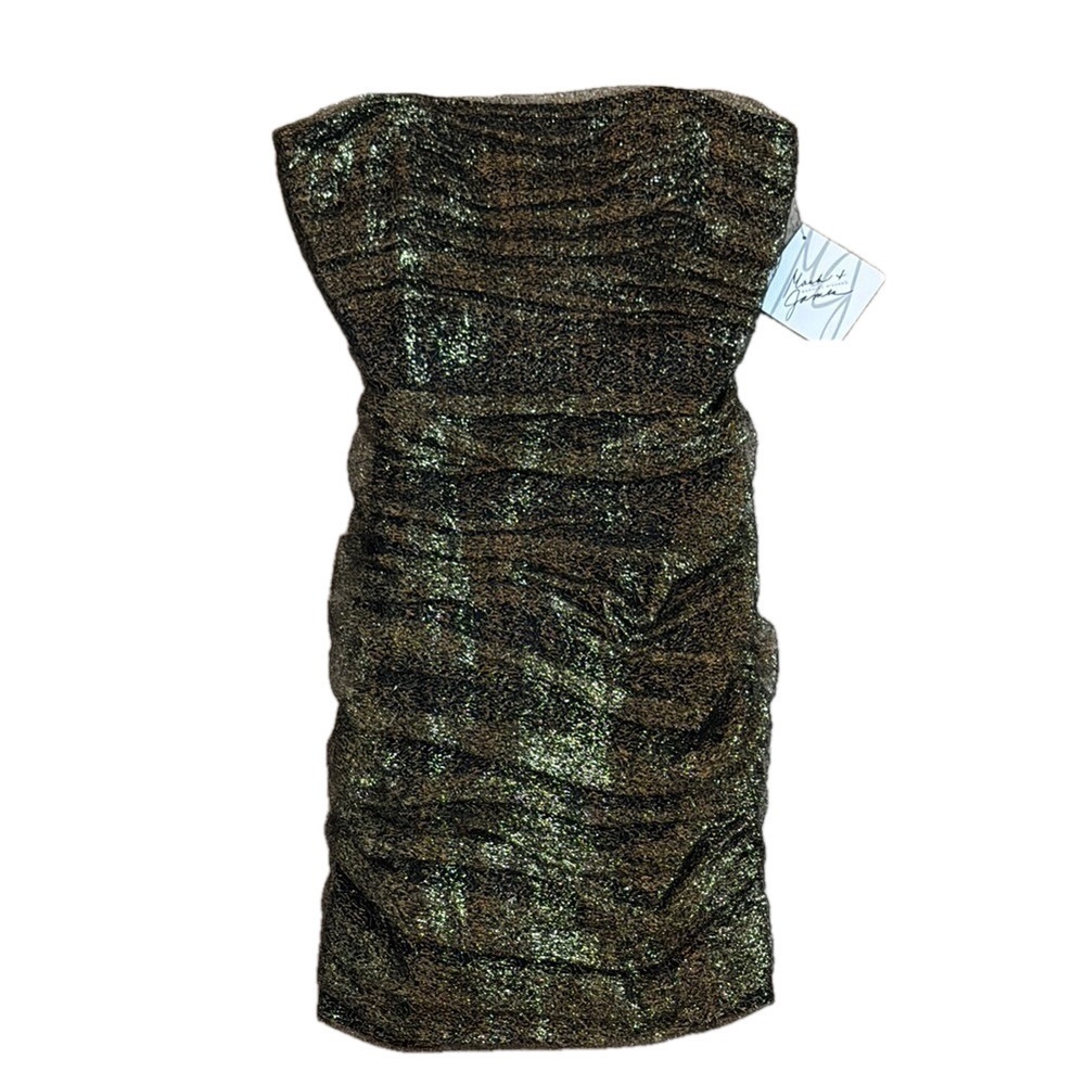 Badgley Mischka US 6 Strapless Metallic Tulle Dress Gold Black NWT MSRP $320